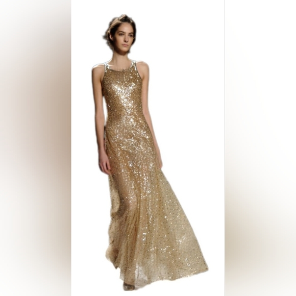 ◇$8000 OSCAR DE LA RENTA GLOWING BEAUTY GOLDEN SEQUIN BEADED GOWN 4